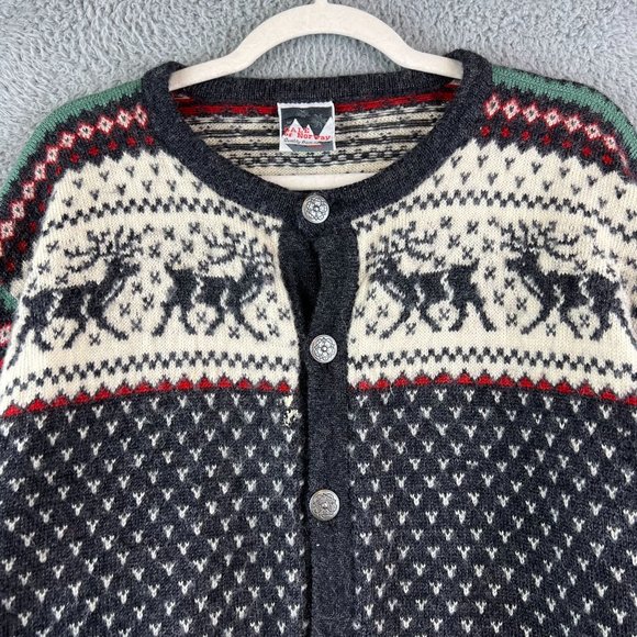 Dale of Norway Wool Cardigan Sweater Gray Red Elk Reindeer Knit Fair Isle L - Picture 2 of 11